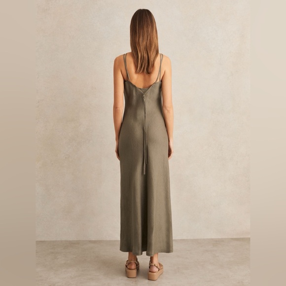 REISS Roxanne Linen Double Strap Slip Dress in khaki green Size 8 NWT $275